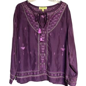 Sigrid Olsen Signature Silk Embroidered Peasant Blouse Purple Tassel Boho Large
